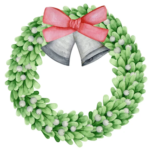 Watercolor Mistletoe Hand Drawn Wreath Christmas Door Hanger Illustration — Stock Photo, Image