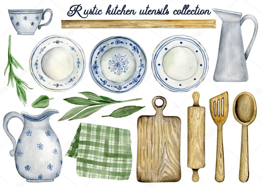 Collection watercolor hand drawn rustic kitchen utensil elements. Vintage kitchen clipart