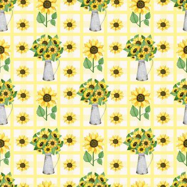 Ayçiçeği buketi, suluboya, dikişsiz çiftlik evi deseni. Sonbahar ambalajlama desing.