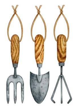 Klasik suluboya bahçe aletleri koleksiyonu. Bahçe malası, çatal, yabani ot..