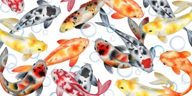 Koi balıkları gölette suluboya sanatı çizerler. Japon sazan balığı zen çizimleri