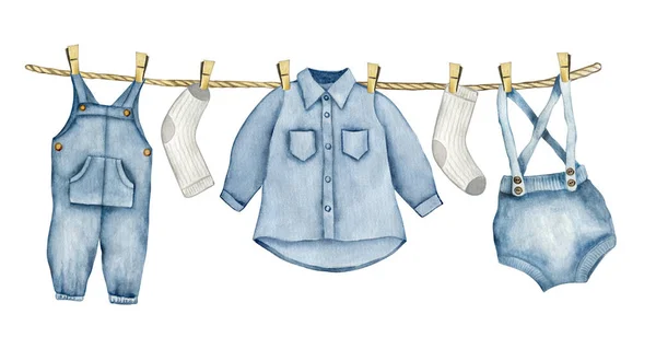 Υδατογραφία Εικονογράφηση Του Μωρού Αγόρι Πλένονται Ρούχα — Φωτογραφία Αρχείου