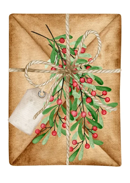 Řemeslný Pepřový Dopis Vánoční Výzdobou Akvarel Noel Vintage Ilustrace — Stock fotografie