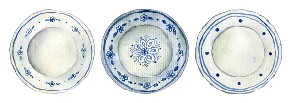 Acquerello Disegnato Mano Rustica Collezione Utensili Cucina Piatti Vintage Ceramica — Foto Stock