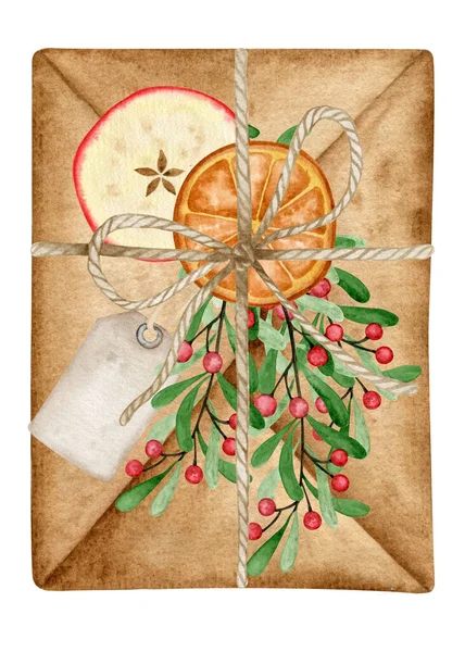 Gift Letter Decorated Dried Orange Apple Slice Branch Berries Watercolor — Stock Photo, Image