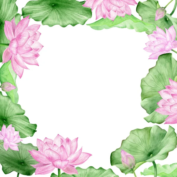 ピンクロータスの花東洋スタイルの水彩フレーム — ストック写真
