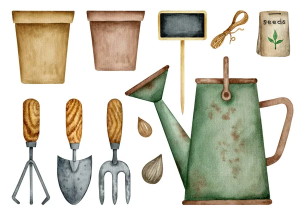Gardening Hobby Accessoires Set Aquarellpflanze Wächst Elemrnts Cliparts Set — Stockfoto