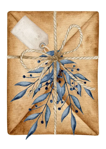 봉투는 녹색식물로 장식적 가지들로 장식되어 크리스마스 인사말 카드의 로열티 프리 스톡 이미지
