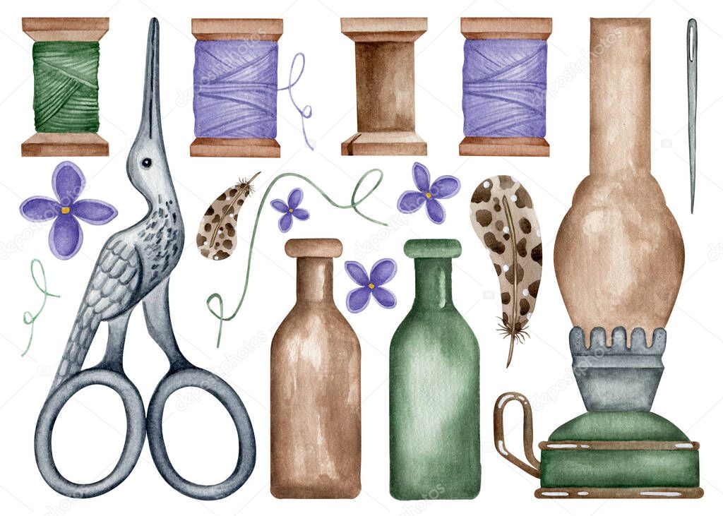 Ancient watercolor sewing accessories clipart set. Rural needlework scissors, threads, kerosene lamp illustration.