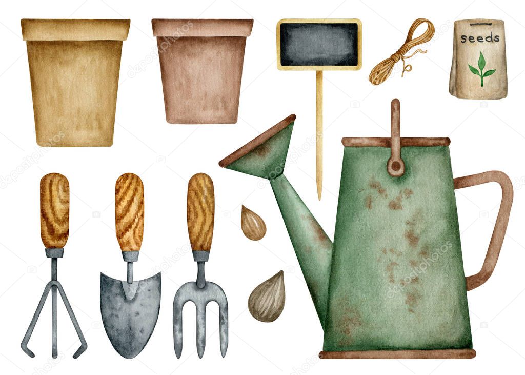 Gardening hobby accessories set. Watercolor plant growing elemrnts clipart set