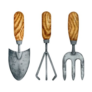 Klasik suluboya bahçe aletleri koleksiyonu. Bahçe malası, çatal, yabani ot..