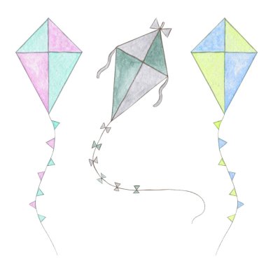 Pastel renklerde suluboya uçurtmalar. Makar Sankranti festivali simbol