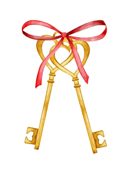 用带子绑着的一对钥匙 情人节水彩画派 — 图库照片
