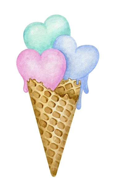Cute Watercolor Illustration Ice Cream Waffle Cone Three Kinds Shape — Fotografia de Stock