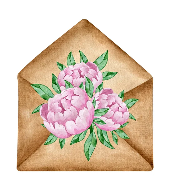Envelope Bouquet Delicate Pink Peonies Watercolor Illustration Valentine Day Birthday — Fotografia de Stock