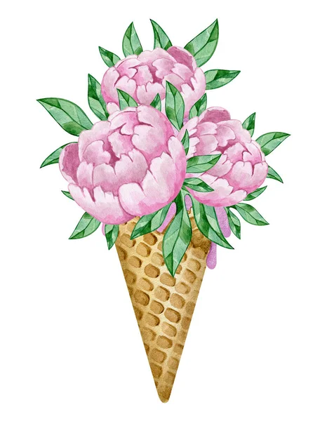 Cute Watercolor Illustration Ice Cream Waffle Cone Peony Flowers — Fotografia de Stock