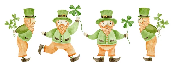 Collection Watercolor Isolated Elements Patrick Day Hand Drawn Leprechauns Festive — Stock Photo, Image