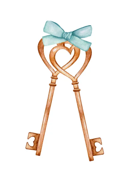 Pair Keys Tied Ribbon Watercolor Clipart Valentines Day — стоковое фото