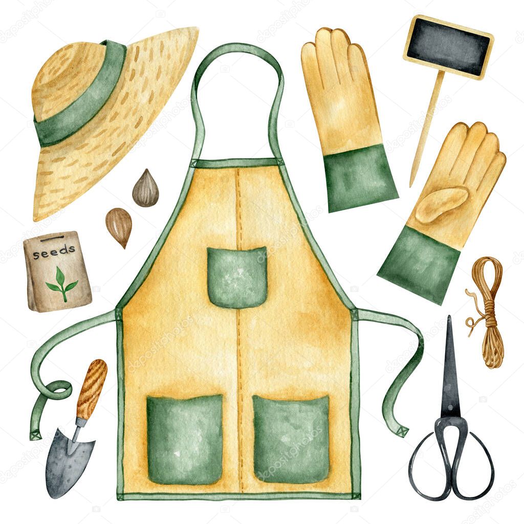 Collection watercolor gardening equipment and accessories. Florist  outfit clipart set. 