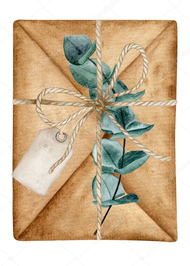Vntage craft envelope with eucalyptus sprig and empty tag. Watercolor hand drawn retro style gift. Boho letter illustration.