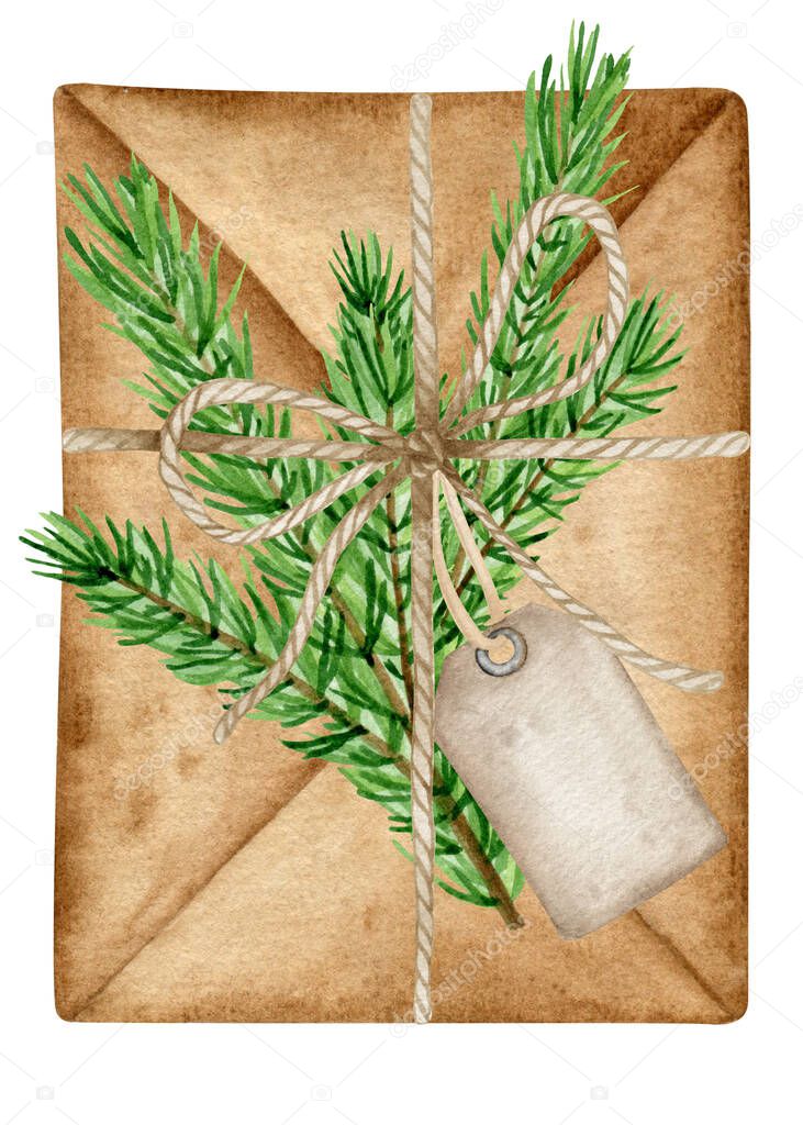 Christmas letter. Watercolor craft envelope with spruce branch retro illustration.