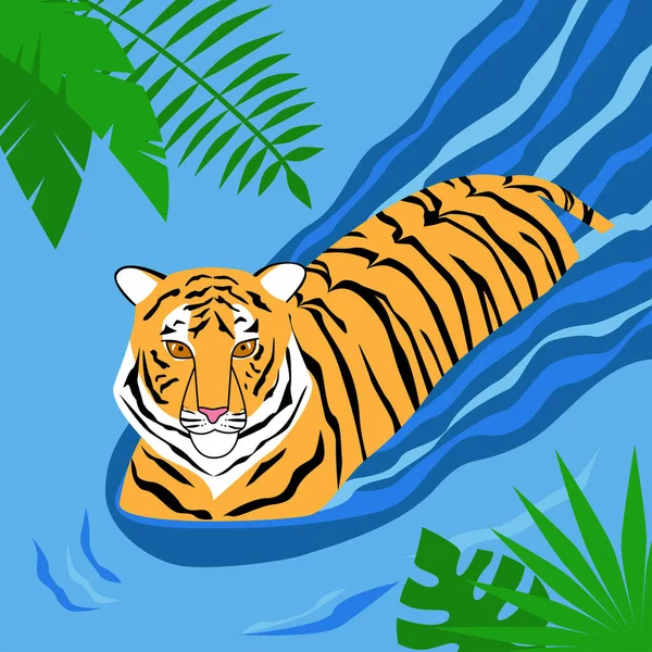 Tygrys pływa w wodzie wokół tropikalnych liści — Wektor stockowy
