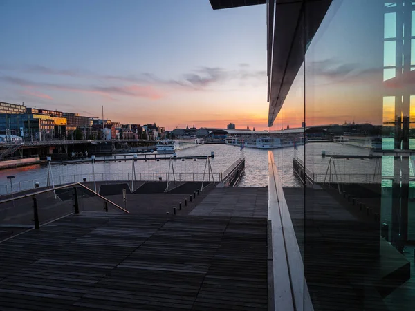 Coucher Soleil Amsterdam Avec Skyline Bâtiments — Photo