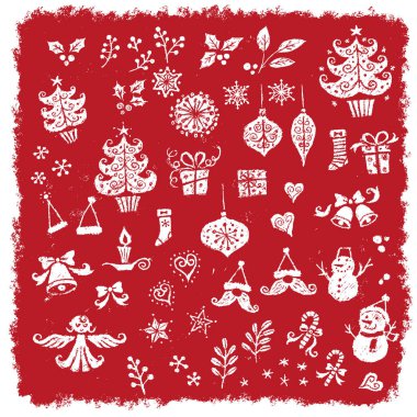 El yapımı Noel illüstrasyon seti (Noel ağacı, kardan adam, Noel süsü, Noel Baba, çobanpüslü, şeker kamışı, Noel çorabı, kar tanesi, melek, mum)