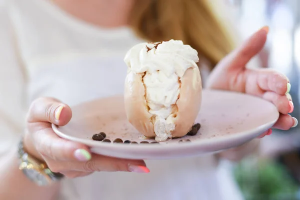 Tasty deserts and ice cream. Girls and boys holding deserts. Delicious decorated deserts on plates