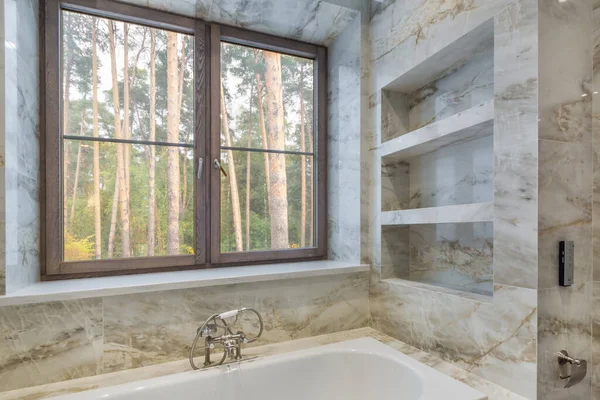 Stylish Bathroom Beige Marble Tiles Window Opens Beautiful View Pine — стоковое фото