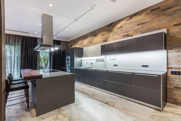 Original Design Kitchen Gray Tones Wall Finished Brick Tiles Floor — Fotografia de Stock