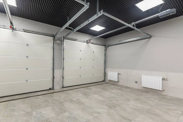 Modern Garage Two Places Automatic Gates Gray Granite Floor Tiles — стоковое фото