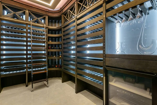 Interior Home Wine Cellar Stepladder Rack Shelves Glasses Tasting — 스톡 사진