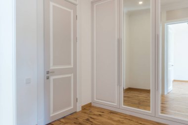 A bright corridor in the house with a door and a mirrored built-in wardrobe.