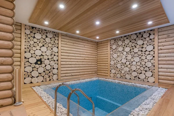 Small Private Pool Glass Sides Beautiful Wall Decor Wooden Elements — стоковое фото