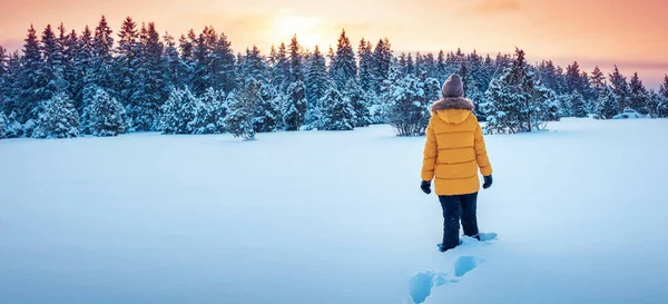 Femme active dans le parc naturel sauvage au coucher du soleil d'hiver — Photo