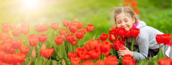 Roztomilé dívka sbírání červené tulipány v kytici na zahradě. — Stock fotografie