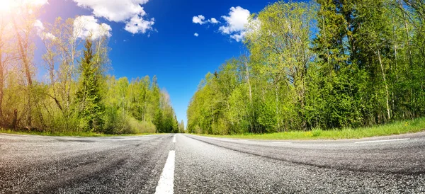 Detailní pohled na asfaltovou silnici panorama na venkově za slunečného letního dne. — Stock fotografie