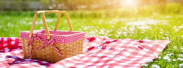 Piknikowa kołdra z pustym koszykiem na łące w naturze. — Zdjęcie stockowe