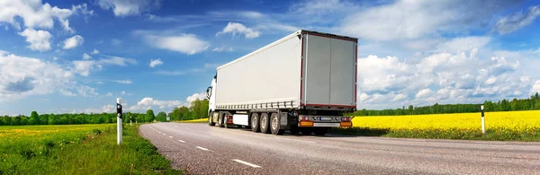 Truck moving on the asphalt country highway in sunny day in spring. Concept of logistic and freight transportation.