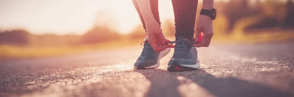 Sporty Woman Tying Shoe Laces Starting Run Sunset Nature Concept — Foto Stock