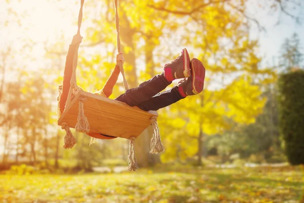 Child Swinging Swing Sunny Autumnal Park Concept Healthy Lifestyle Family — Fotografia de Stock