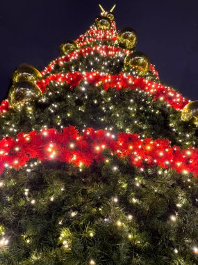 Kırmızı süslemeli Noel ağacı, dışarısı aydınlık..