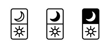 Satır Simgesi Gündüz-Gece Kipini Basit Bir Tarzla Değiştiriyor. Mobil uygulama geliştirme için Açık Karanlık kip. Beyaz arkaplanda izole edilmiş basit bir şekilde vektör işareti. Orijinal boyutu 64x64 piksel. Vektör kümesi