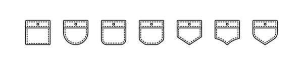 Patch Pocket. Jaqueta, Calças, Vestido, Jaqueta, Jeans, Casaco, Camisa. Conjunto de ícones vetoriais em estilo linear isolado em fundo branco. — Vetor de Stock