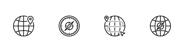Набор векторных значков на тему Местонахождение. Показаны иконки Глобуса, Маршрута, Местонахождения, Компаса. Векторный знак в простом стиле изолирован на белом фоне. — стоковый вектор