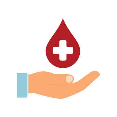 Kan damlası ve el ikonu. Çapraz ve bağış.
