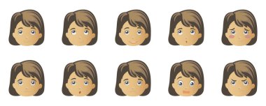 İnsani duygular. Farklı yüzler, üzüntü, öfke, gülümseme, neşe, korku. Görüntü.