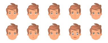 İnsani duygular. Farklı yüzler, üzüntü, öfke, gülümseme, neşe, korku. Görüntü.