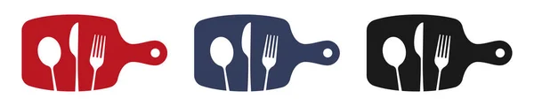 料理だ スプーン フォーク ナイフ まな板のアイコンセット メニューロゴ 刃物のシルエット ベクターイラスト — ストック写真